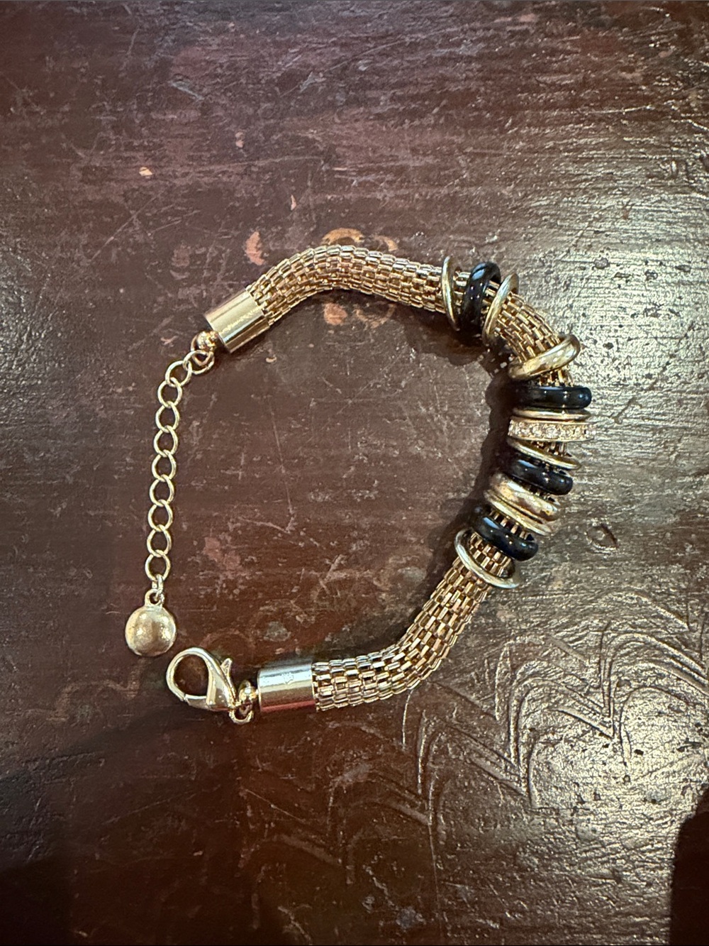 Gold tone Joe Fresh Mesh Bracelet with Black and Crystal Accent Beads
